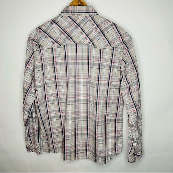 Machine Plaid Grey Blue Red Button Up Shirt XXL - Picture 2 of 4